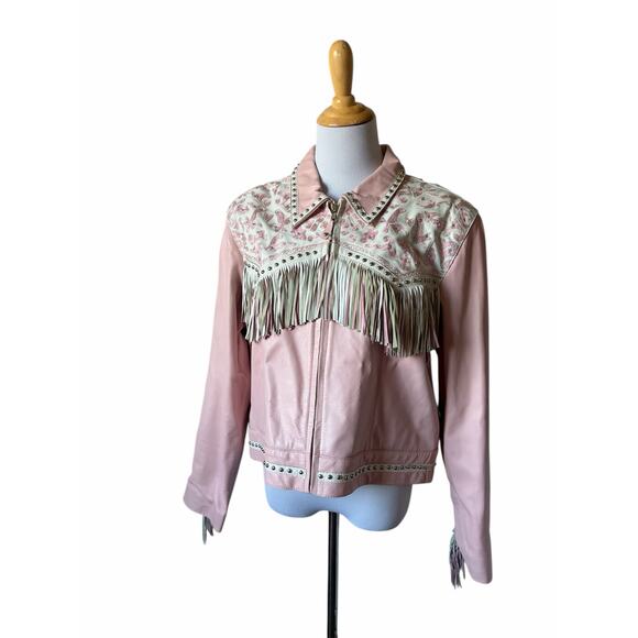 VTG Signature Gordon & James Pink Fringe Studded Rhinestone Wstrn Leather Jacket - Picture 2 of 16